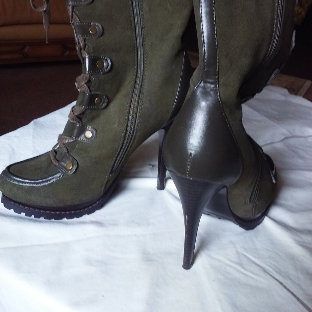 Women's Olive Lace-up  Stiletto Boots
